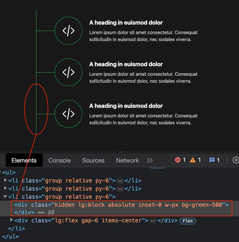 a div which draws a vertical line is highlighted in the developer console