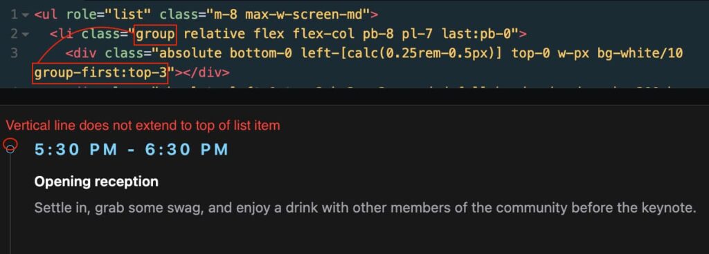 Tailwind's group-first:top-3 class is used to set a top offset on a vertical line